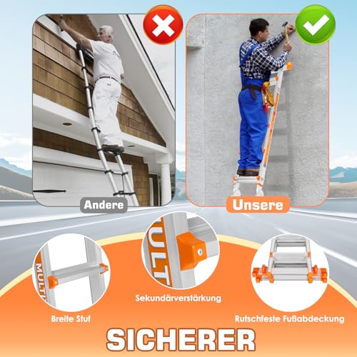 Moonlight Manor 5-Stufen-Mehrzweckleiter: 5-Stufen-Stehleiter & 17-Fuß (5,18 m) Ausziehleiter • Mit Stabilisator & Rädern • 150 kg Traglast • Sicher für Treppen • Für Innen, Außen und Dach
