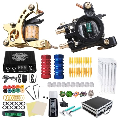 Dragonhawk Complete Tattoo Kit 2pcs Coil Tattoo Machine Tattoo Guns Color Immortal Inks Power Supply Needles Tips Grips Tattoo Supplies for Tattoo Artists