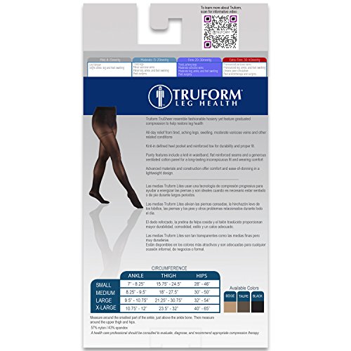 Image of Truform Sheer Compression Pantyhose, 20-30 mmHg, Women's Shaping Tights, 20 Denier, Black, Large (Pack of 2)