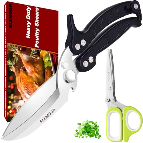 SLEMOON Heavy Duty Poultry Shears for Chicken Meat, Multipurpose Kitchen Scissors for Food, Herb Scissors With 5 Blades and Cleaning Comb, Cool Gadgets Tools 2024 Green, 2pcs Set, Black