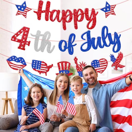 Image of Independence Day Decoration Happy 4th of July Banner | America's Birthday Decor Red White Blue Patriotic USA Memorial Day Decor Armed Forces Day National Day theme Party Supplies