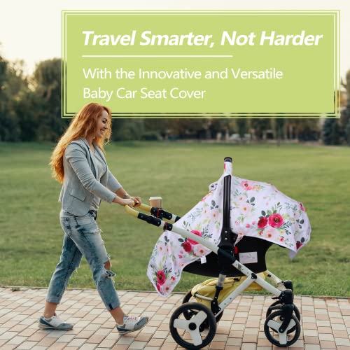 Baby Car Seat Cover, Infant Carseat Canopy With 3 Layers Windows, Breathable Mesh Peep Window, Kick-Proof Carrier Cover For Boys Girls, Windproof Stroller Cover Shower Gift For Newborn (Flower) #TOP4