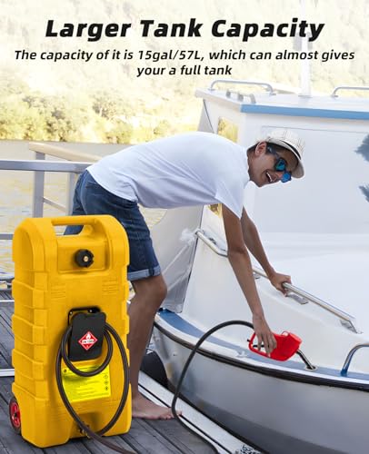 15 Gallon Portable Diesel Gas Fuel Tank Container Caddy, Fuel Tank Container with Le Fluid Transfer Siphon Pump, Fuel Transfer Tanks with 10ft., Delivery Hose Diesel Fuel Can for Cars, Lawn Mowers, Boats, Yellow