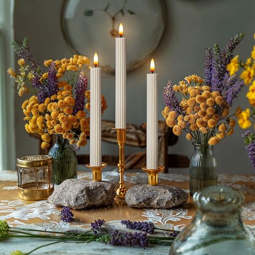 Image of 10 inch Fluted Ribbed LED Cream Beige Grooved Real Wax Taper Candles, Remote & 24h Timer Memory, On /Off Switch - Flameless Dimmable Battery Operated w /Flicker Mode, Home Wedding Decor (12 Pack)