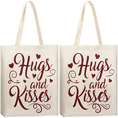 Weewooday 2 Pieces Valentine's Day Tote Bags Heart Reusable Canvas Tote with Handles Cotton Hugs and Kisses Shopping Bags for Wedding Valentine's Day Party Grocery Shopping Market