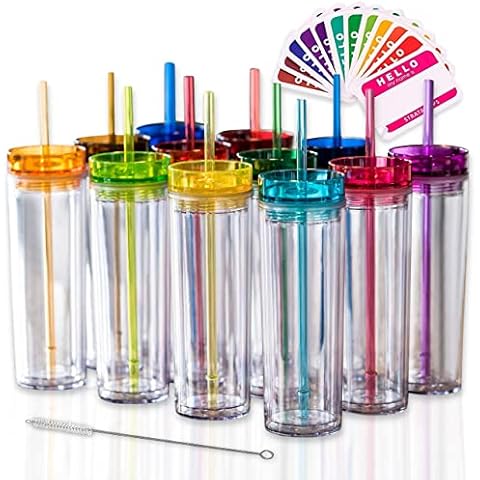 SKINNY TUMBLERS 12 Colored Acrylic Tumblers with Lids and Straws Cover