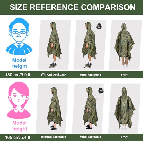 Mture Camouflage Regen Poncho, 3-in-1-Multifunktional Regenmantel Wasserdichter Regenjacken, Wiederverwendbar Camouflage Regenjacken Regencape, Regencape mit Kapuze für Fahrrad, Wandern und Camping