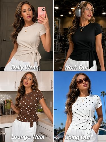 Image of HOTIAN Womens Cap Sleeve T Shirts 2026 Tie Waist Wrap Tops Crew Neck Blouses Dressy Casual Loose Work Business Dressy
