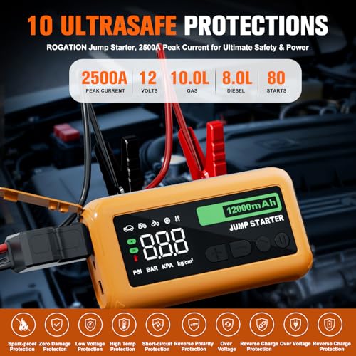 Image of Jump Starter with 150PSI Air Compressor, 2000A Peak 12V Booster, 10000mAh Portable Car Battery Jump Starter, Up to 10L Gas /8L Diesel Engines, 33W Bidirectional fast Charging Power Bank-Orange