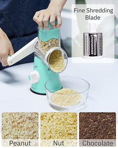 X Home Rotary Cheese Grater, Manual Cheese Grater With Handle, Mandoline Vegetables Slicer Cheese Shredder With Strong Suction Base, 3 Drum Blades Cheese Shredder Included, Easy To Use And Clean, Blue #TOP3