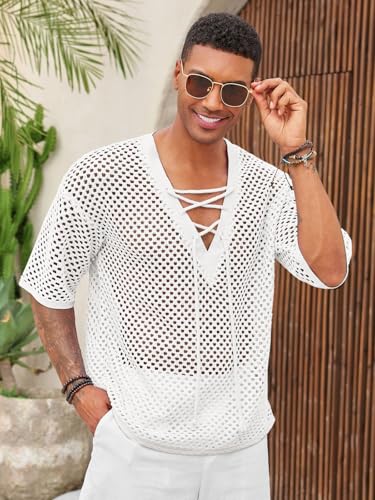 Runcati Mens Lace Up Beach Shirts Hollow Out V Neck Half Sleeve T Shirts Knit Crochet See Through Summer Tops2