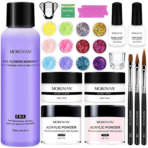 Morovan Acrylic Nail Kit Acrylic Powder and Acrylic Monomer Liquid Set Professional Monomer Acrylic Nail Liquid with Acrylic Brush System for Acrylic Nails