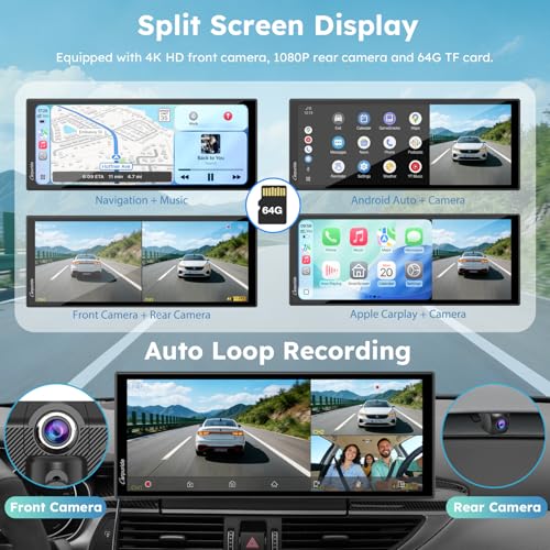 Image of CARPURIDE W125S 11.26 Inch HD Wireless Carplay & Android Auto Screen, 4K +1080P+1080P Dash Camera for Cars with 64GB Card, with Loop Recording, Bluetooth, Voice Control, GPS, FM, Super Link