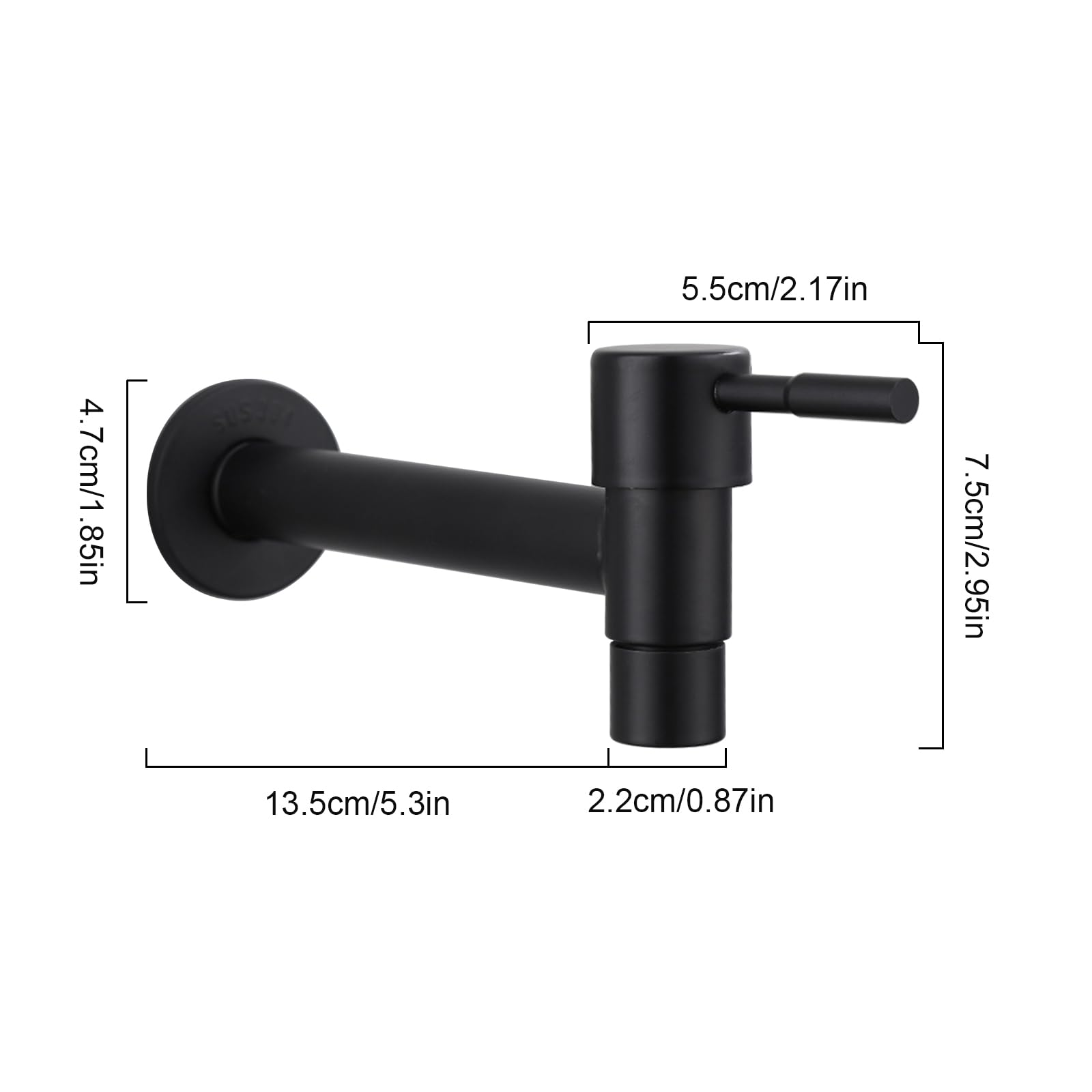 Robinet d'eau froide - En acier inoxydable - Monté au mur - Noir mat - Long robinet mural, Accessoire Salle de Bain, pour Lavabo, Balcon, Cuisine (noir)