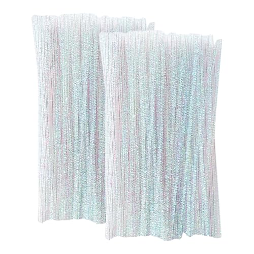 200 Pcs 30cm x 6mm Thin Glitter Pipe Cleaners Tinsel Chenille Stems DIY Pipe Cleaner Sticks Craft Fuzzy Sticks Flexible Chenille Sticks Sparkly Creative Pipe Cleaners Iridescent White