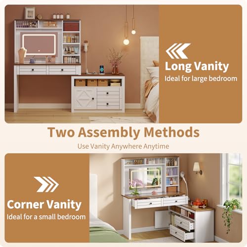 Vanity Mirror with Lights, Makeup Vanity Desk with 5 Drawers, 6 Open Storage Shelves, Large Extendable Dressing Table with Charging Station, Glass Top, Antique White