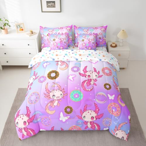 Image of Feelyou Kids Cute Axolotl 7 Pieces Bedding Set Queen Size, Dreamy Princess Bed in A Bag Kawaii Ocean Sealife Comforter Set with Sheets Boys Girls Butterfly Teens Bed Set Bedroom Decor 7Pcs