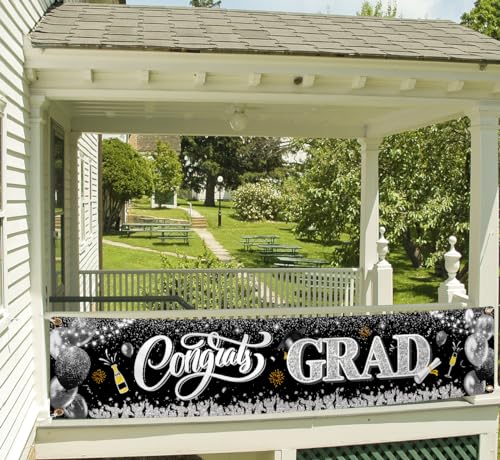 Image of 2026 Graduation Decorations-Black and Silver Congrats Grad Yard Sign Banner Decoration for Class of 2026 Graduation Party Supplies