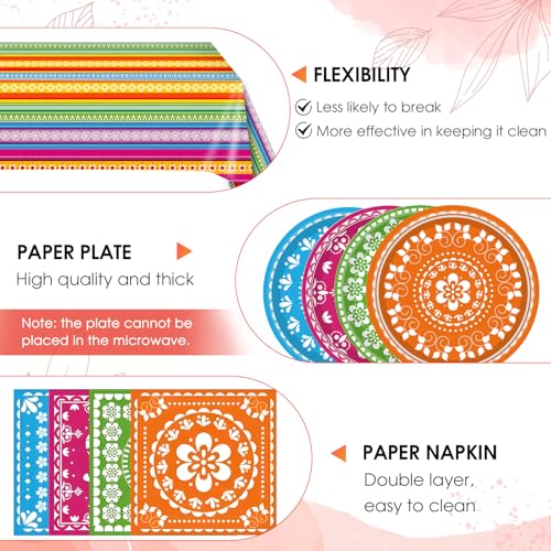 Image of 81PCS Mexican Fiesta Party Decorations Mexican Cinco De Mayo Party Decorations Supplies Mexican Disposable Paper Plates Napkins Mexico Plastic Tablecloth Fiesta Ware Dinnerware for Taco Party Decor