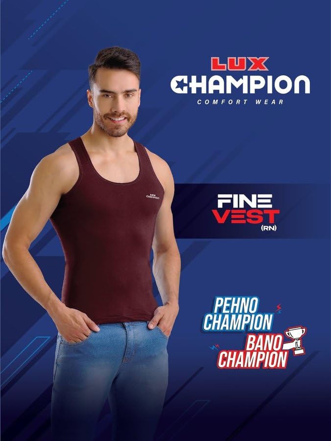 Image of Lux Champion Men's Cotton Vest RN | 100% Super Combed Cotton | Round Neck, Sleeveless, Breathable, Sweat-Absorbent Comfortable Lux Vest for Daily Use | Pack of 5