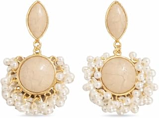 Elegant Beige Cream Stone & Pearl Drop Earrings for Women | Traditional Ethnic Dangle Earrings | Wedding & Party Jewelry Price In India