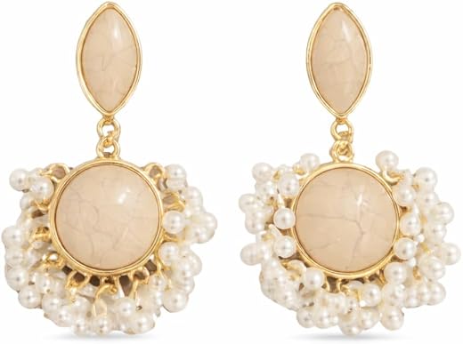 Elegant Beige Cream Stone &amp; Pearl Drop Earrings for Women | Traditional Ethnic Dangle Earrings | Wedding &amp; Party Jewelry