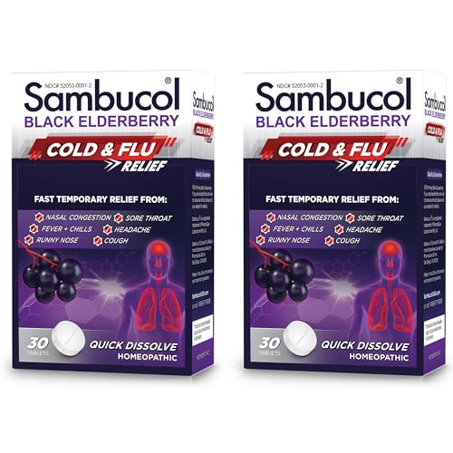Sambucol Cold and Flu Relief Tablets - Homeopathic Cold Medicine Nasal & Sinus Congestion Relief Use for Runny Nose Coughing Cold Remedy for Adults - Black Elderberry 30 Count 2-Pack