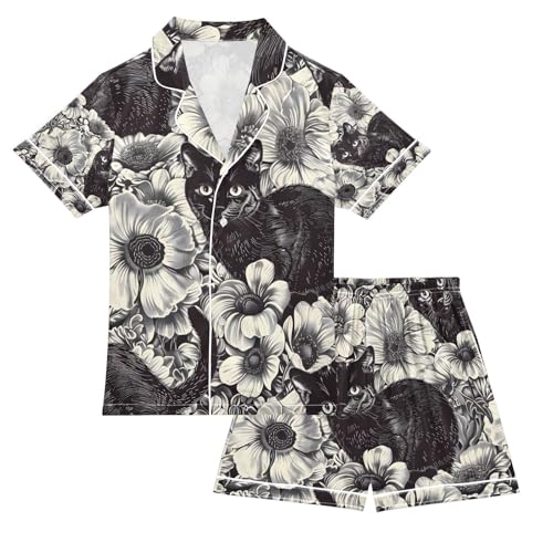 senya Black Cats in A Garden Satin Summer Pajama Sets Silk Short Sleeve Button Down Sleepwear