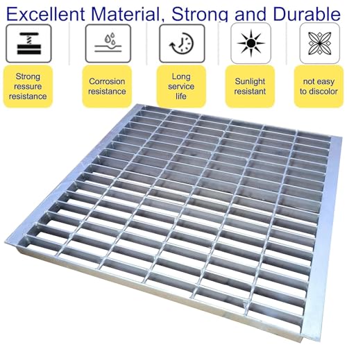 Image of Galvanized Steel Drain Grate with Lip 28x28 in, B-Class 28100 lbs Heavy-Duty Driveway Channel Cover w /Base, Outdoor Trench Drainage Grate, Silver Square Metal Sewer Cover for Garage