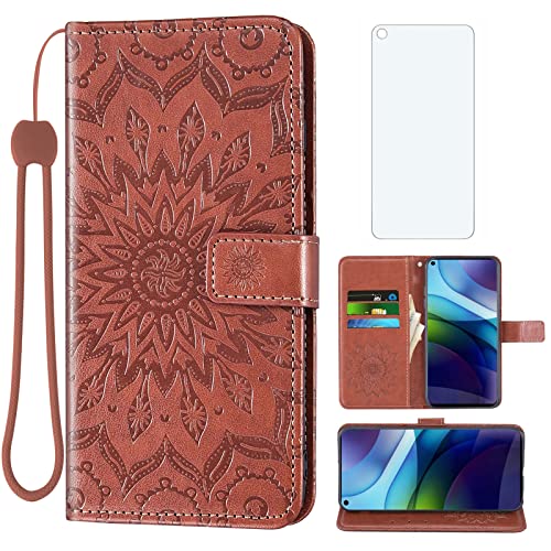Phone Case for Moto G Stylus 2021 Wallet Cases with Tempered Glass Screen Protector and Sunflower Leather Slim Flip Cover Card Holder Stand Cell Accessories Motorola GStylus xt2115dl Women Men Brown