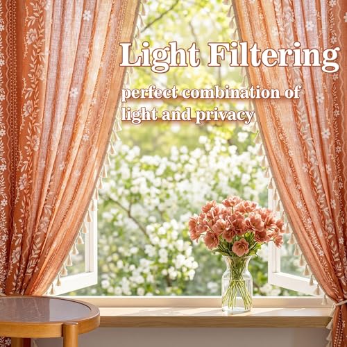 Image of MYSKY HOME Linen Boho Floral Short Tier Curtains 36 Inch Length 2 Pcs