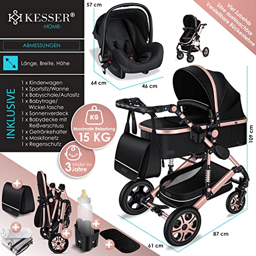 KESSER® Poussette Loops 3 en 1 Poussette combinée Set complet incl. Nacelle et siège sport buggy et siège auto cosy - Pneus pleins en caoutchouc