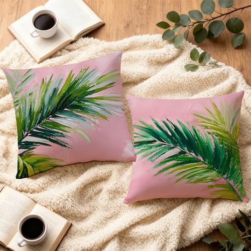 Image of Summer Pink and Green Tropical Palm Leaf Decorative Throw Pillow Cover Decor 18x18,Palm Leaf Botanical Decorative Lumber Beach Plant Throw Pillow Cover for Cabin Couch Double-Sided Set of 2