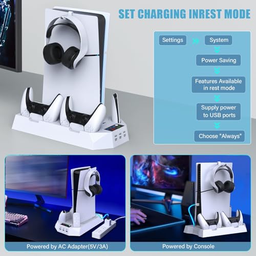Image of Stand for PS5 Consoles Models, Pa5 Cooling Station for Original with 2 Controller Charging Station, 3 Level Quiet Cooling Fan