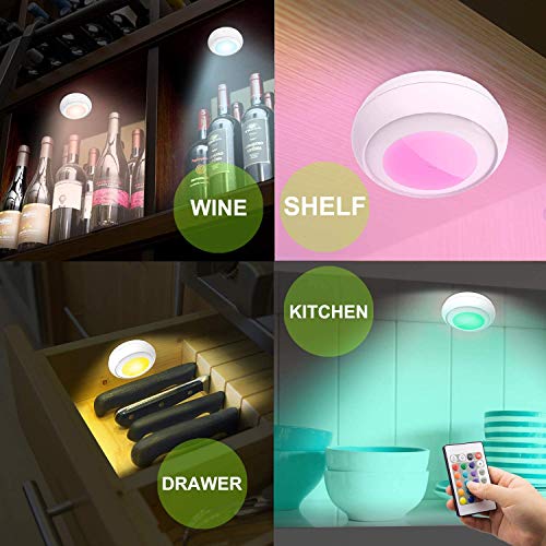 Luxsway Battery Led Color Puck Lights| Stick Up Push Lights With Remote| 16 Color Changing Led Fairy Lights| Wireless Tap Lights| Dimmable Under Cabinet Light| Battery Powered Rgb Night Light -4Pack #TOP2