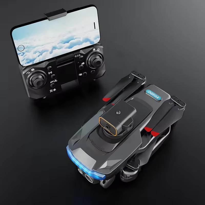 The drone and its remote control, with a smartphone mounted on the remote.
