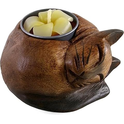 Something Different Curled Cat Wooden Tealight Holder Handcrafted Cover
