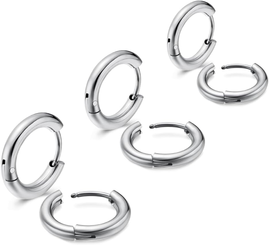 3 Pairs 316L Stainless Steel Small Black Silver Hoop Earrings 8mm 10mm 12mm Hypoallergenic Surgical Earring Cartilage Helix Lobes Hinged Sleeper Ear Jewelry For Men Women