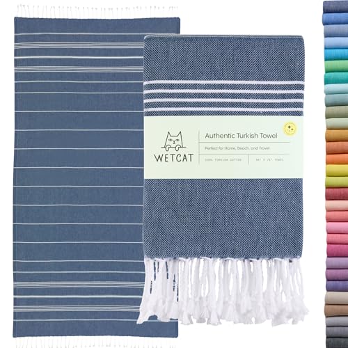 WETCAT Turkish Beach Towel Oversized (38x71) 100% Turkish Cotton Made in Turkey - Sand Free Extra Large Ultra Soft Quick Drying Compact & Lightweight for Travel - Dark Blue