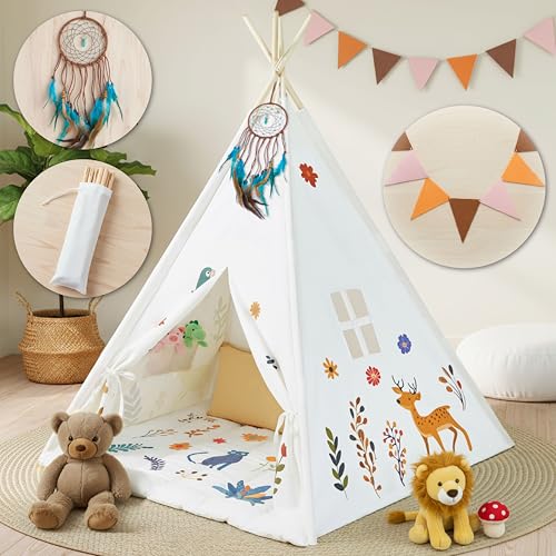 Teepee Tent for Kids with Colorful Flag, Kids Play Tent Indoor with Thicked Mat & Dream Catcher, Toddler Tent with Storage Pockets and Mesh Window for Reading Nook and Imaginative Games