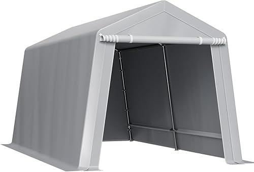 Vista 110 de VEVOR - Cobertizo portátil de almacenamiento exterior de 6 x 8 x 7 pies, refugio resistente e impermeable con puerta enrollable con cremallera y Gris