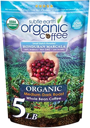 Subtle Earth Organic Coffee - Medium Dark Roast - Whole Bean Coffee - 100% Arabica Beans - Low Acidity and Non-GMO - 5lb bag