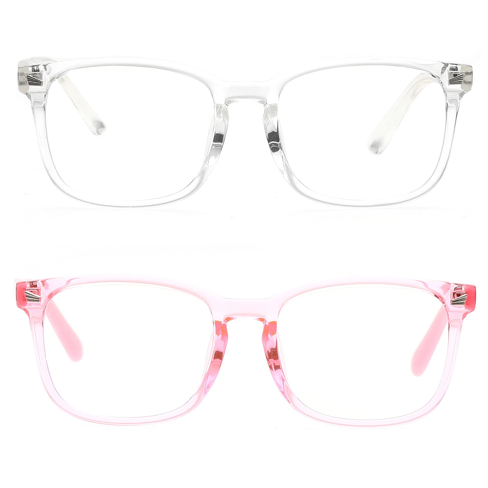 Teumire Kids Blue Light Blocking Glasses for Boys Girls Square Computer Gaming Unbreakable TR90 Eyeglasses 2 Pack(Transparent+Pink)