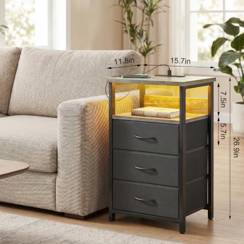 Image of Fixwal Night Stand with 3 Fabric Drawers, Nightstand with Charging Station
