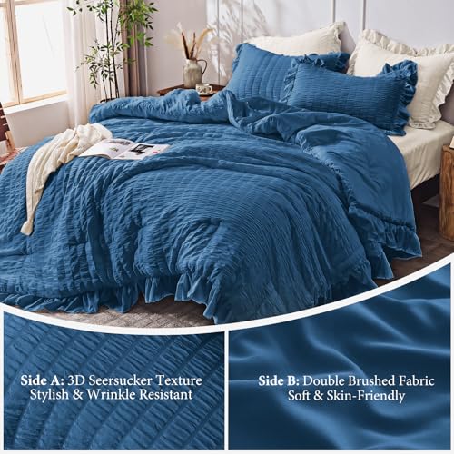 Image of JOLLYVOGUE Teal Comforter Full Size, 3 Pieces Seersucker Lightweight Full Size Bedding, All Season Fluffy Microfiber Bedding Comforter Set with 1 Ruffle Comforter and 2 Ruffle Pillowshams