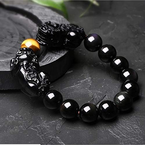 Ochoos Natural Black Obsidian Beads Bracelet Tiger Eye Stone Beads Bracelet Jewelry PIXIU Lucky Brave Men Jewelry - (Metal Color: 14mm)