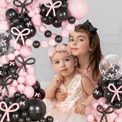 Image of Pink and Black Balloons Arch Kit, 199Pcs Pink and Black Bow Birthday Decorations with 260 Bubble Balloons Ribbon for Coquette Bow Theme Birthday Bridal Shower Bachelorette Baby Shower Wedding