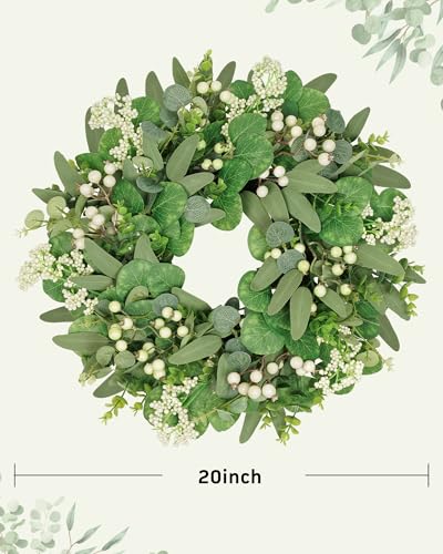Vlorart 20 Inch Artificial Spring Summer Christmas Greenery Wreaths for Front Door Green Eucalyptus Leaf Wreath Decor Boxwood with Big Berries for Farmhouse Outside - image 2
