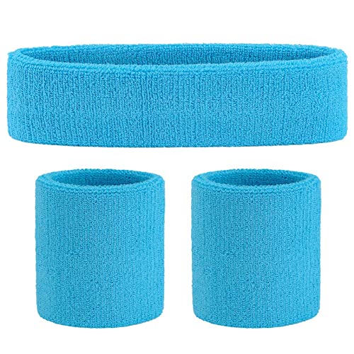 Image of ONUPGO Sweatband Set Sports Headband Wrist Striped Sweatbands Terry Cloth Wristband Athletic Exercise Basketball Wrist Sweatband and Headbands Moisture Wicking Sweat Absorbing Head Band Neon Blue