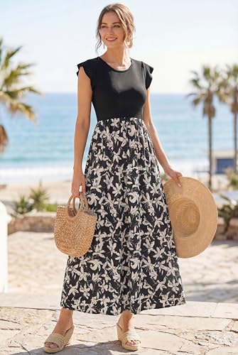 Image of OUGES Women's Maternity Dress Summer Ruffle Sleeve Patchwork Casual Flowy Maxi Dresses with Pockets